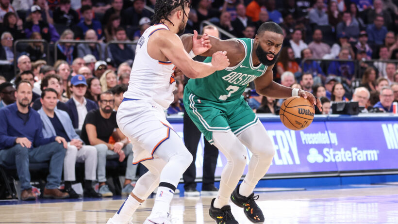 Boston Celtics guard Jaylen Brown bodies New York Knicks guard Jalen Brunson