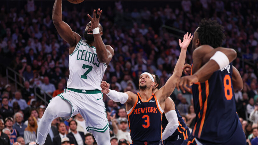 Boston Celtics guard Jaylen Brown shoots a lay-up against the New York Knicks