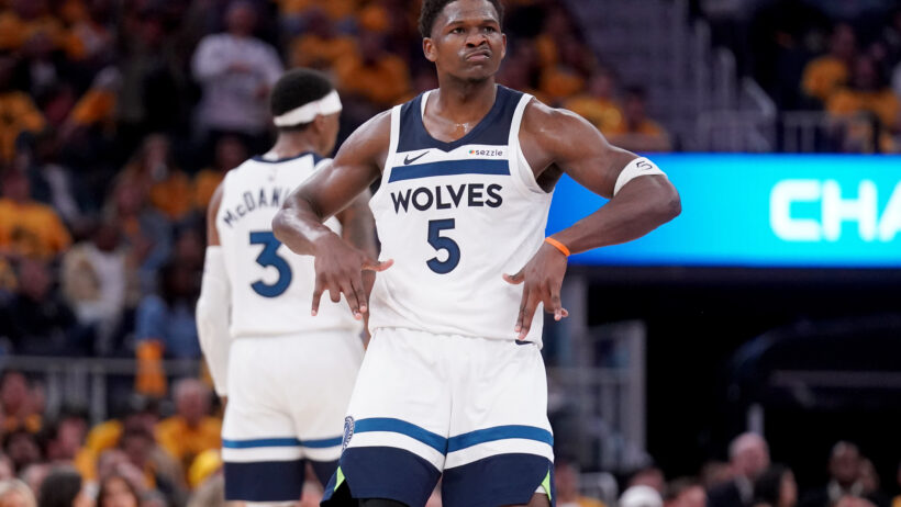 Anthony Edwards celebrates a three versus the Warriors.