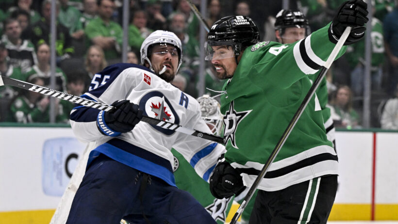 Mark Scheifele battles with Codi Ceci in Game 4 of the Jets vs Stars playoff series.