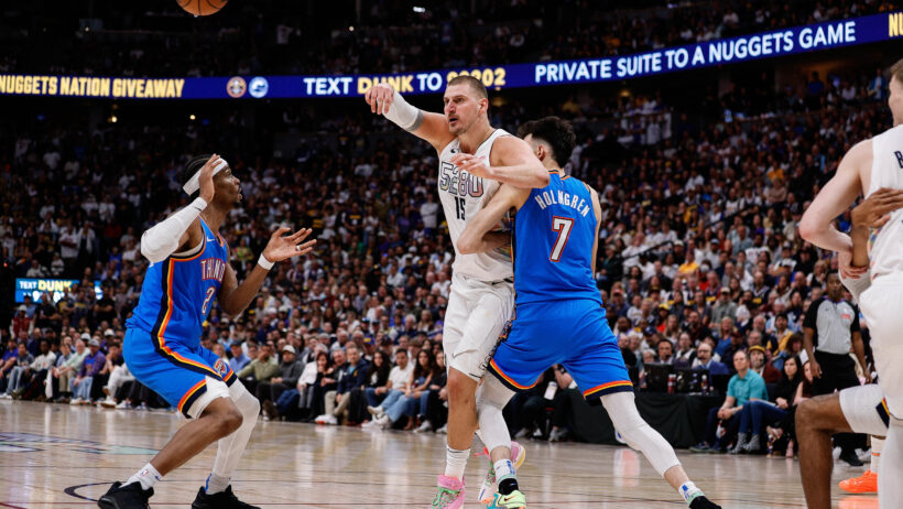 Denver Nuggets center Nikola Jokic passing the ball against the OKC Thunder