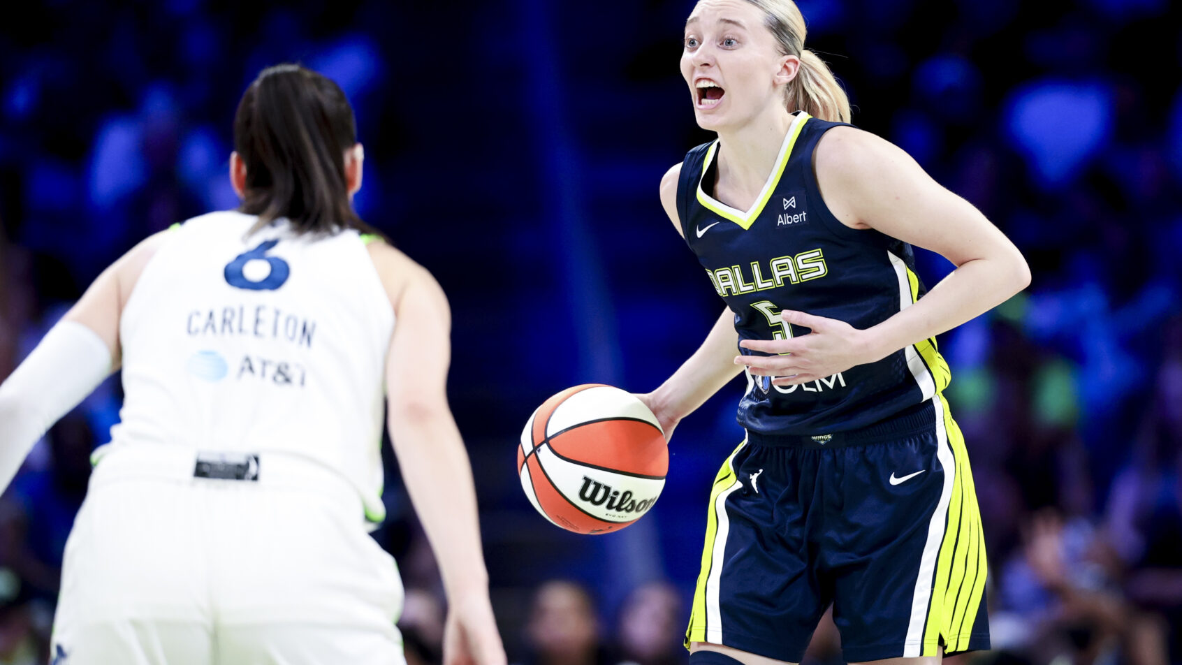 Dallas Wings guard Paige Bueckers calls out to teammates
