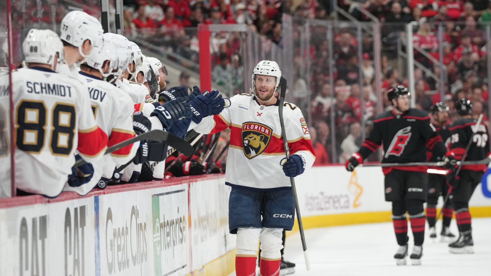 Carter Verhaeghe celebrates a goal versus the Hurricanes.