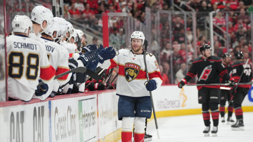 Carter Verhaeghe celebrates a goal versus the Hurricanes.