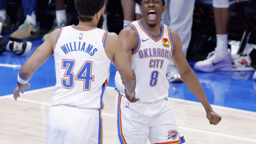 Oklahoma City Thunder forward Jalen Williams and forward Kenrich Williams celebrate a bucket