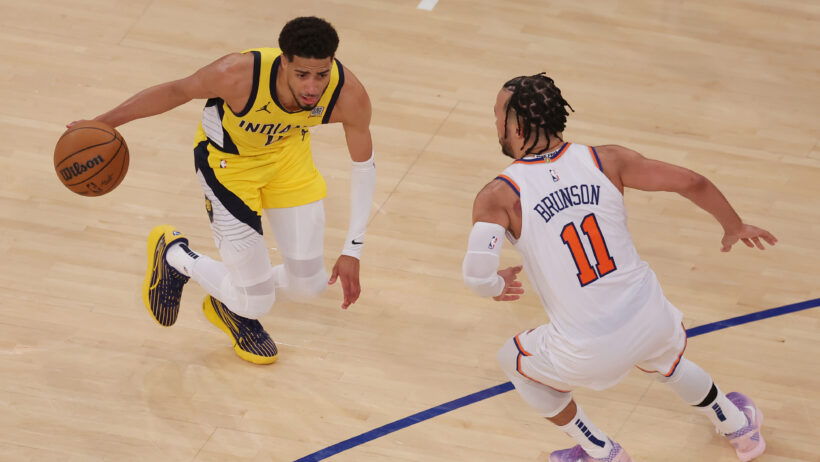 Tyrese Haliburton drives against Jalen Brunson in Game 1 of the ECF.