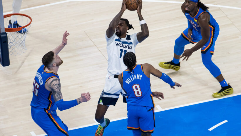 Naz Reid goes into the paint against the Thunder in the Western Conference Final.