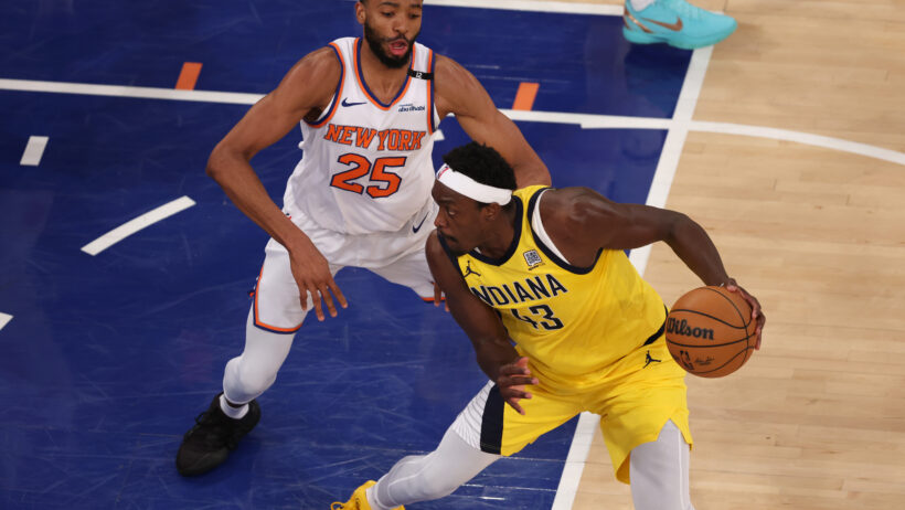 Indiana Pacers forward Pascal Siakam backs down New York Knicks forward Mikal Bridges