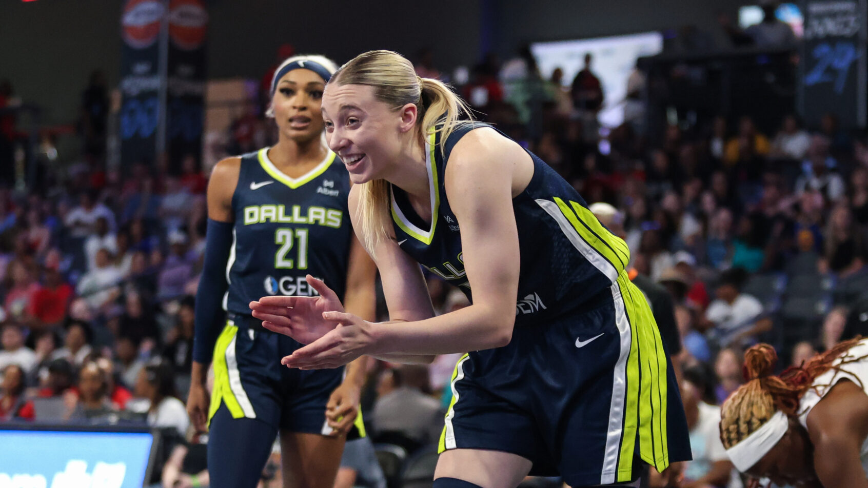 Paige Bueckers reacts after a ball versus Atlanta.