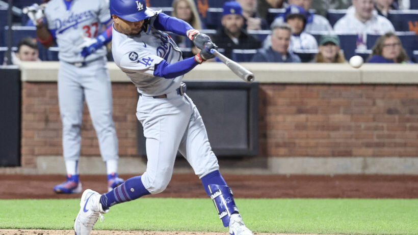 Los Angeles Dodgers shortstop Mookie Betts swinging the bat