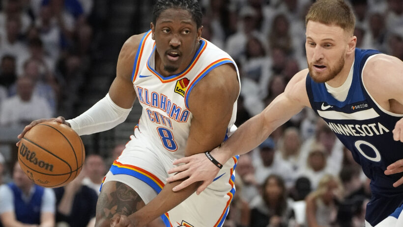 Oklahoma City Thunder forward Jalen Williams dribbles around Minnesota Timberwolves guard Donte DiVincenzo