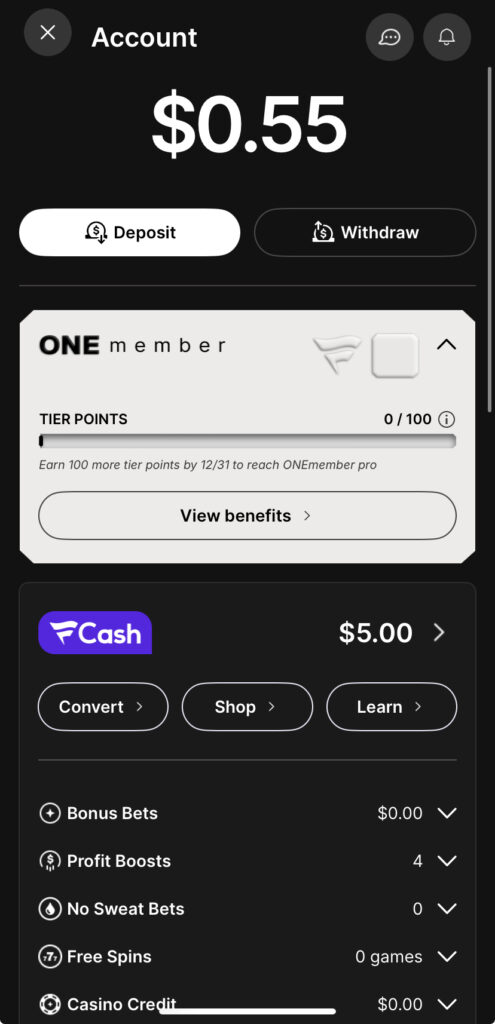 Fanatics ONE loyalty program account balance