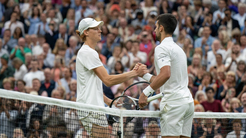 Novak Djokovic and Jannik Sinner shake hands after a match