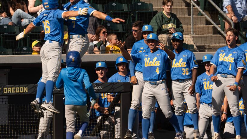 UCLA Bruins celebrate a walk-off win over Oregon.