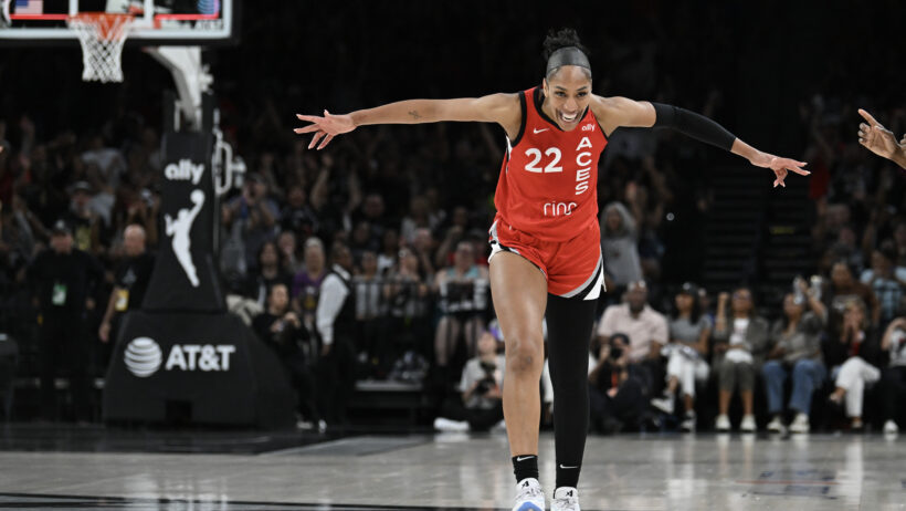 A'ja Wilson celebrates a bucket versus the LA Sparks.