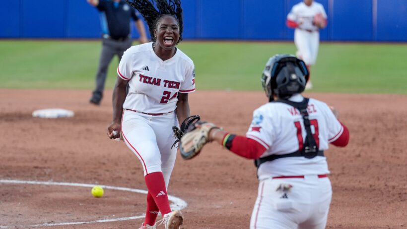 Texas Tech starting pitcher NiJaree Canady celebrating a win