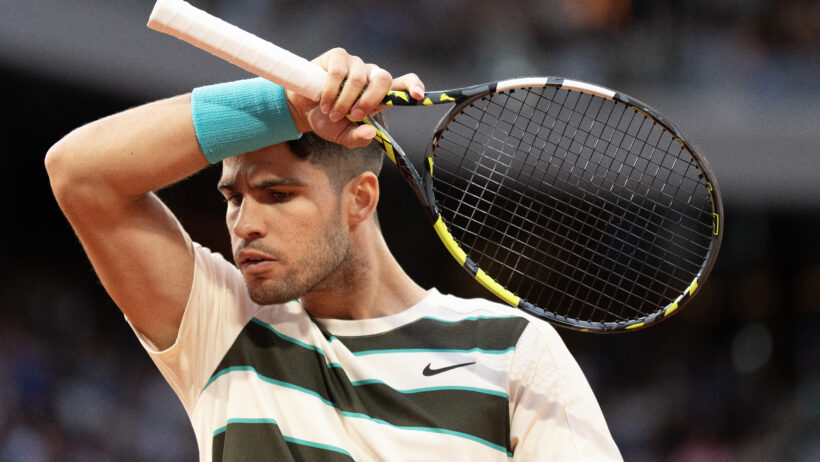 Carlos Alcaraz in between points of his quarterfinal match at the 2025 French Open.