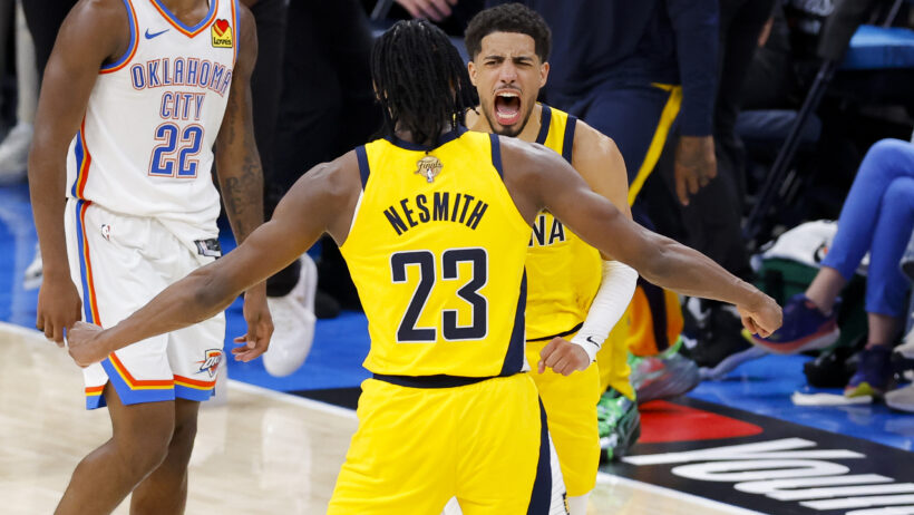 Tyrese Haliburton celebrating with Pacers teammate Aaron Nesmith