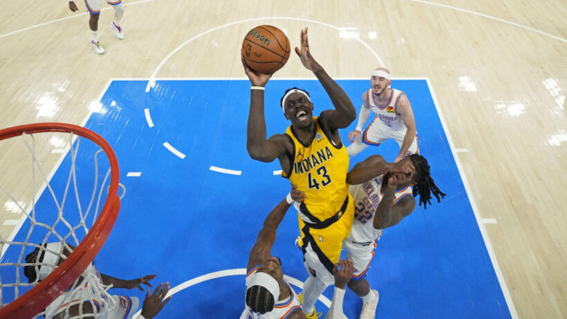 Indiana Pacers forward Pascal Siakam shooting a floater against the OKC Thunder