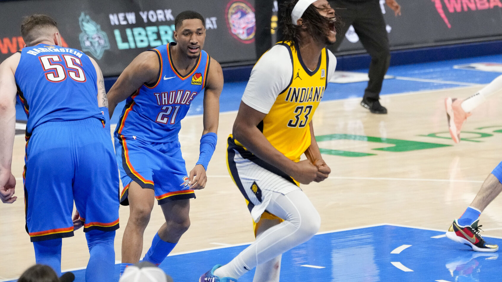 Indiana Pacers center Myles Turner celebrating after a basket