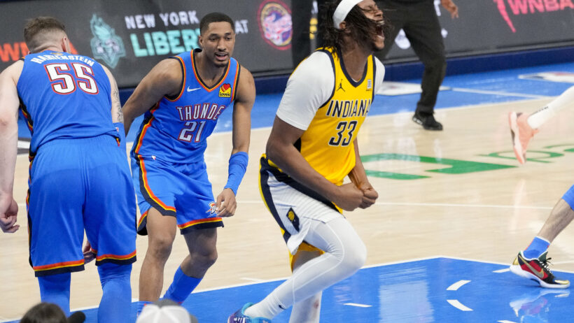 Indiana Pacers center Myles Turner celebrating after a basket