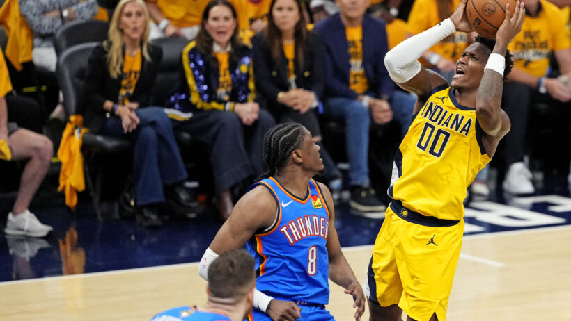 Indiana Pacers guard Bennedict Mathurin shooting over Oklahoma City Thunder forward Jalen Williams