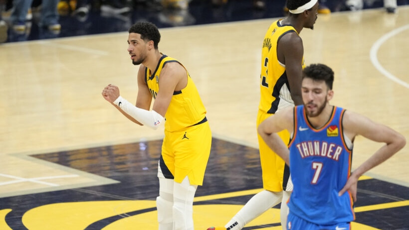 Indiana Pacers guard Tyrese Haliburton celebrating