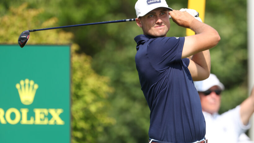 Ludvig Aberg admires a tee shot at the US Open.