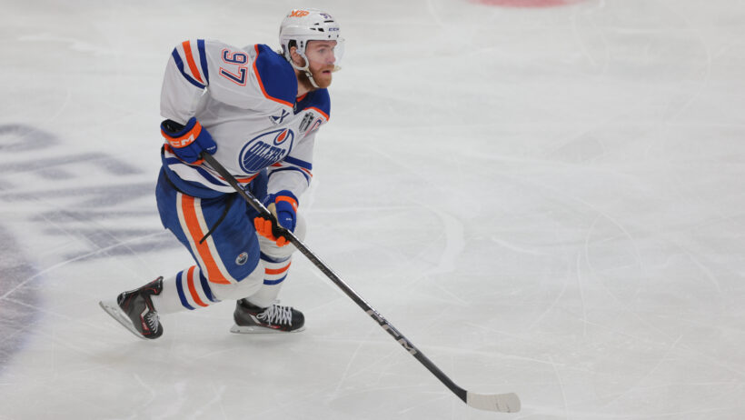 Edmonton Oilers center Connor McDavid skates with the puck