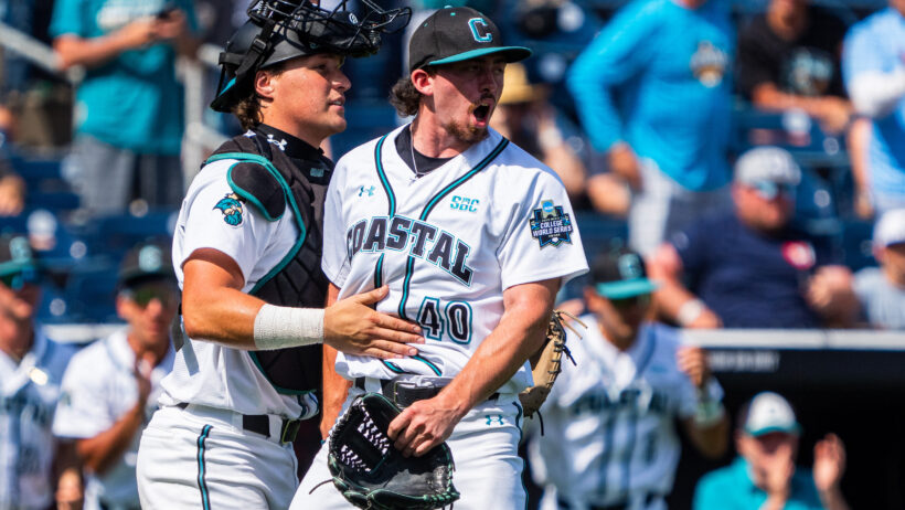 Coastal Carolina celebrates a victory at the College World Series.