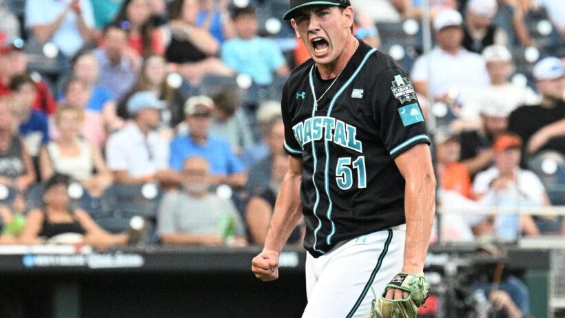 CCU's Jacob Morrison celebrates against Oregon State at the College World Series.