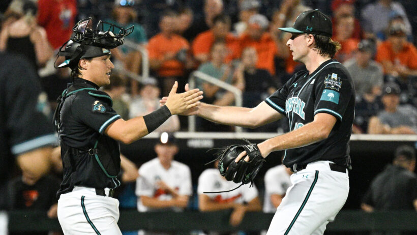 Caden Bodine and Ryan Lynch after Coastal Carolina beat Oregon State