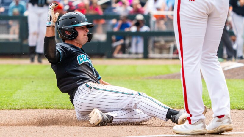 Coastal Carolina Chanticleers third baseman Walker Mitchell slides into third base