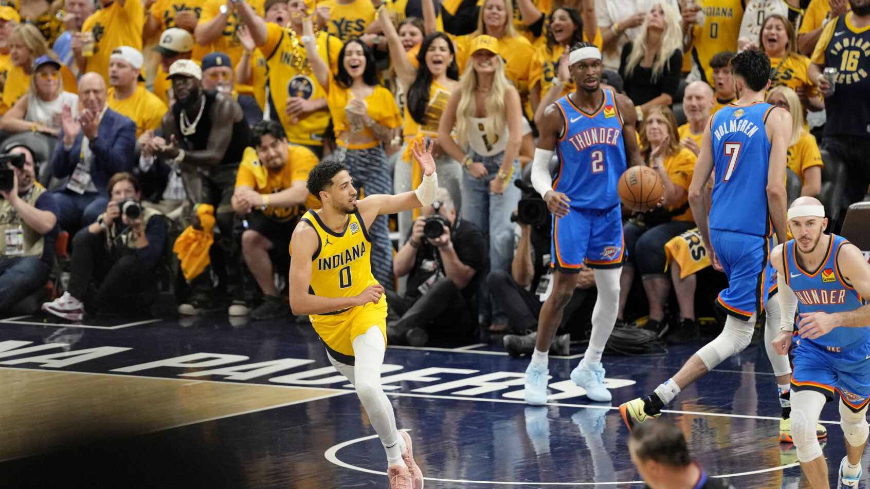 Indiana Pacers guard Tyrese Haliburton celebrates a basket