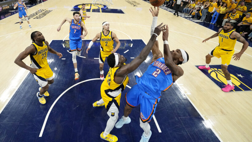 Pascal Siakam contests a Shai Gilgeous-Alexander drive in the paint.