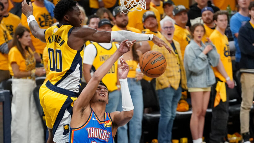 Indiana Pacers guard Bennedict Mathurin blocks a shot by Oklahoma City Thunder forward Ousmane Dieng