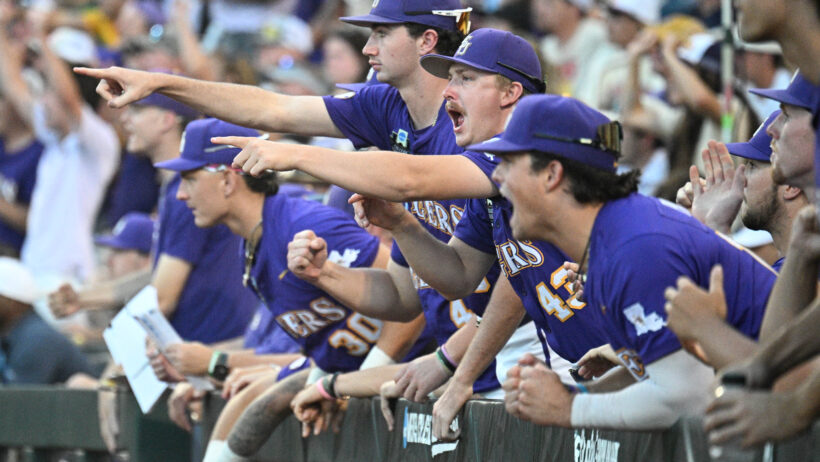 LSU players react from dugout