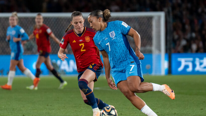 England's Lauren James controls the ball while Spain Ona Batlle defends during the 2023 World Cup