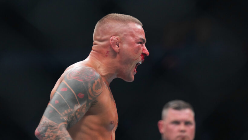 Dustin Poirier reacts during a fight