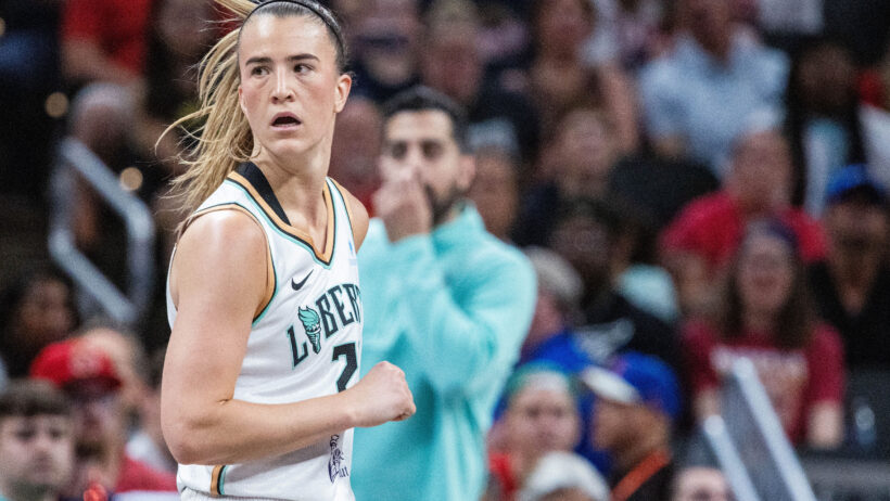 New York Liberty guard Sabrina Ionescu on the court against the Indiana Fever