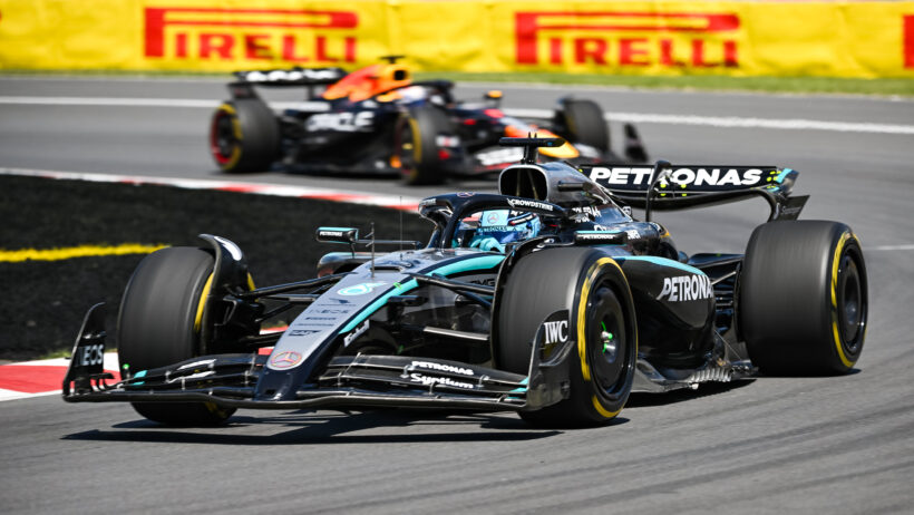 George Russell leads Max Verstappen in the Canadian Grand Prix (2025).