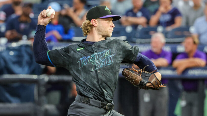 Tampa Bay Rays pitcher Shane Baz delivers to home plate
