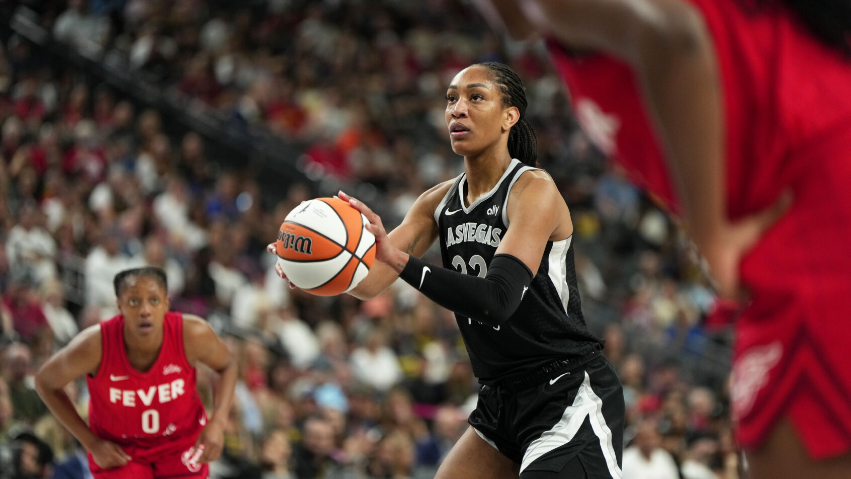 Las Vegas Aces center A'ja Wilson shooting a free throw