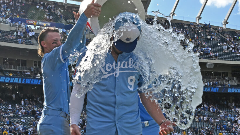 Vinnie Pasquantino gets water dumped on him after being the Dodgers