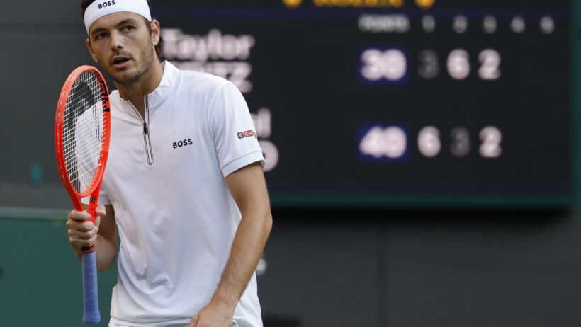 Taylor Fritz celebrates after winning a point at Wimbledon 2025