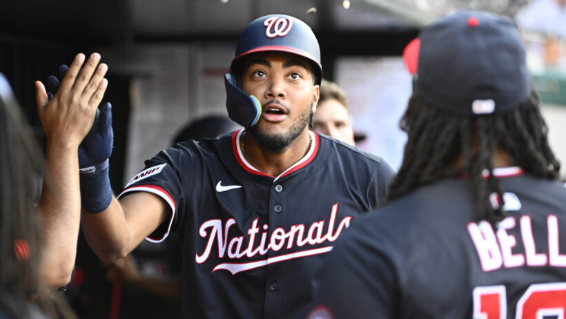 James Wood being congratulated after hitting a home run