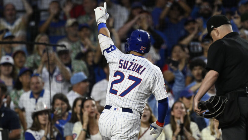 Jul 6, 2025; Chicago, Illinois, USA; Chicago Cubs outfielder Seiya Suzuki (27) points after hitting a home run against the St. Louis Cardinals during the fifth inning at Wrigley Field. Mandatory Credit: Matt Marton-Imagn Images
