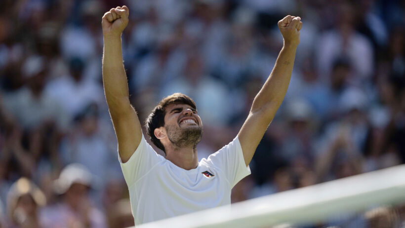 Carlos Alcaraz celebrates a semifinal win at Wimbledon.