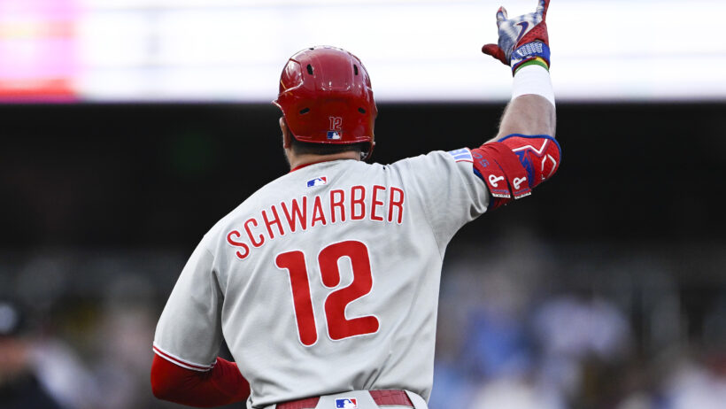 Kyle Schwarber with his hand in the air