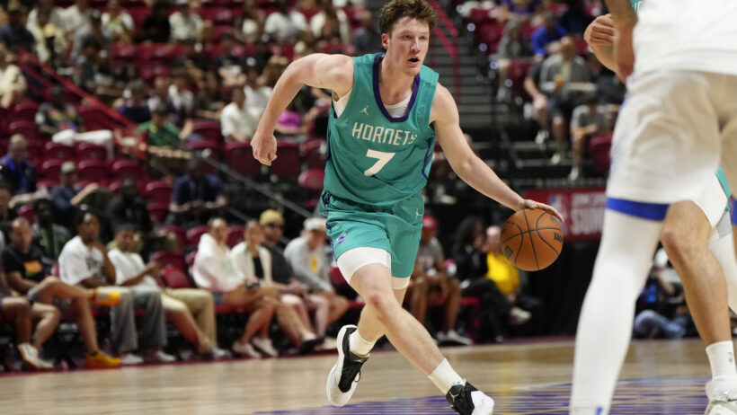 Charlotte Hornets guard Kon Knueppel dribbling up the court during 2025 NBA Summer League